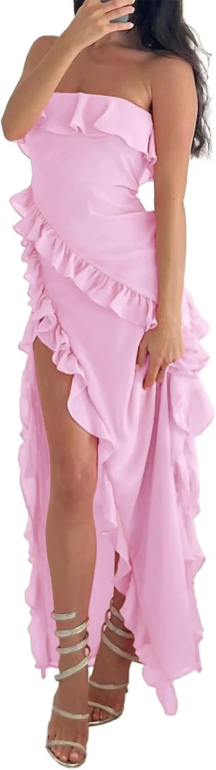Women's 2024 Maxi High Slit Tubular Tight Dresses Strapless Mesh Tassel Ruffle Party Skirt
