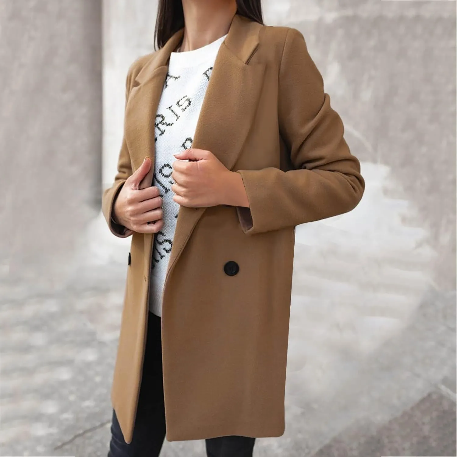 Women's 2024 Wool Blend Pea Coat Double Breasted Long Winter Coats Mid Long Pea Trench Coat Notch Lapel Over Coat