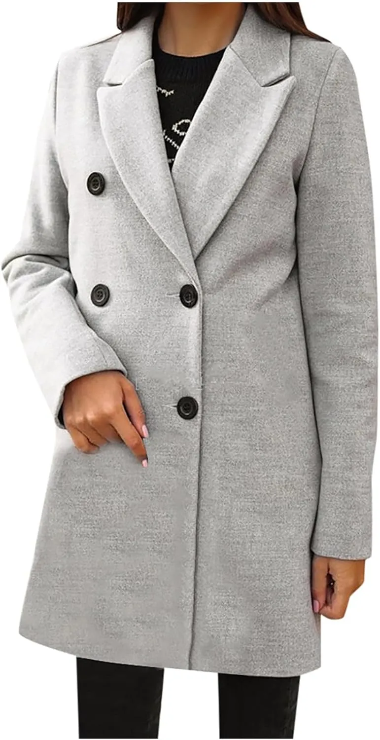 Women's 2024 Wool Blend Pea Coat Double Breasted Long Winter Coats Mid Long Pea Trench Coat Notch Lapel Over Coat