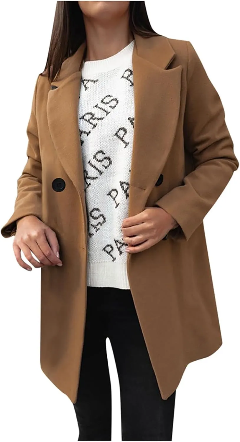 Women's 2024 Wool Blend Pea Coat Double Breasted Long Winter Coats Mid Long Pea Trench Coat Notch Lapel Over Coat