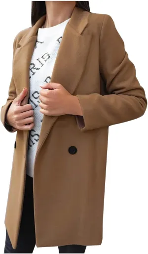 Women's 2024 Wool Blend Pea Coat Double Breasted Long Winter Coats Mid Long Pea Trench Coat Notch Lapel Over Coat