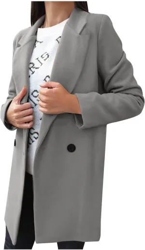 Women's 2024 Wool Blend Pea Coat Double Breasted Long Winter Coats Mid Long Pea Trench Coat Notch Lapel Over Coat