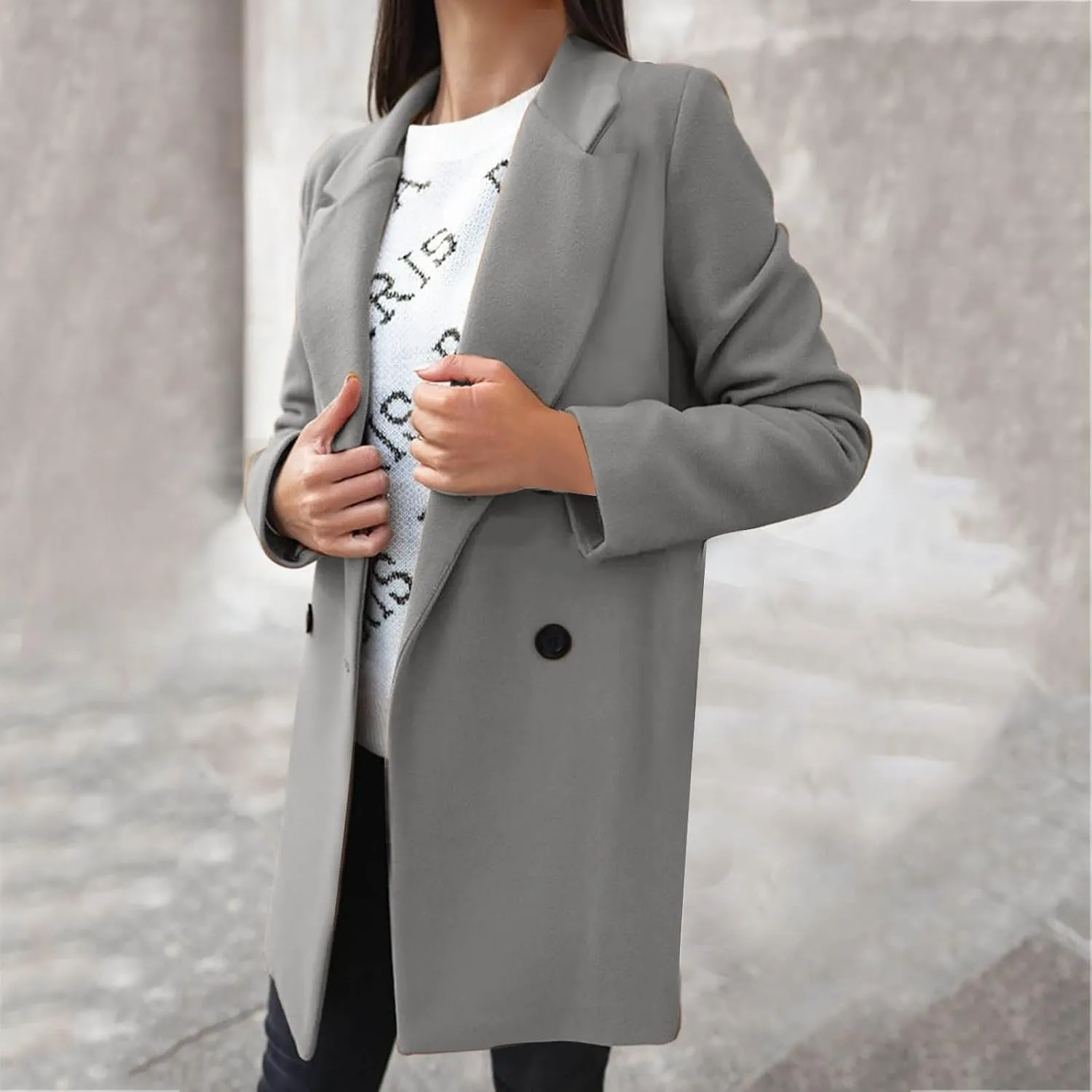 Women's 2024 Wool Blend Pea Coat Double Breasted Long Winter Coats Mid Long Pea Trench Coat Notch Lapel Over Coat