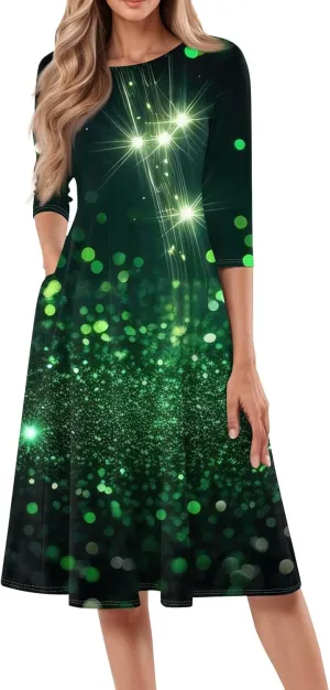Women's 3/4 Sleeve Casual Dress A-line Crew Neck Printed Knee Length Flare Midi Long Dress