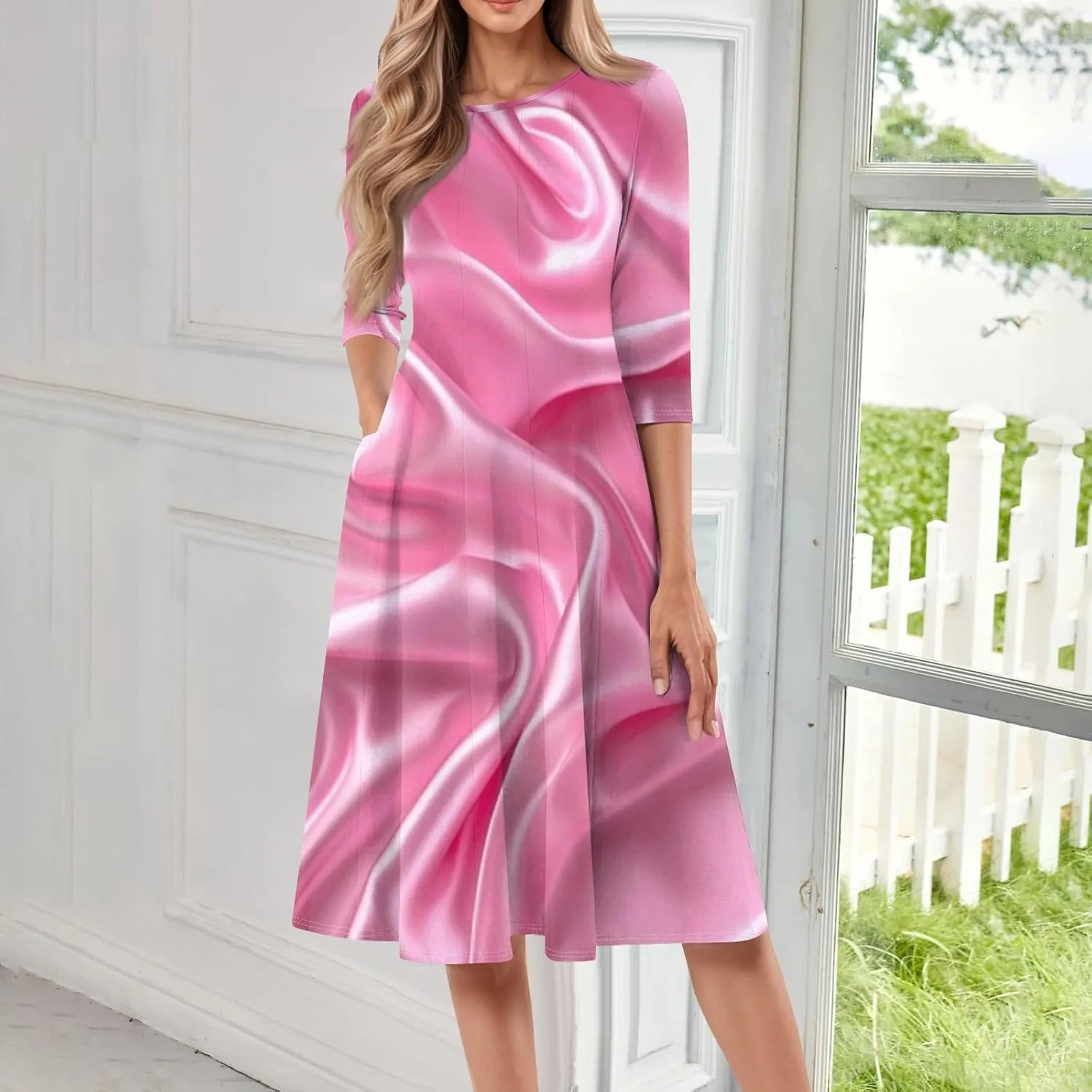 Women's 3/4 Sleeve Casual Dress A-line Crew Neck Printed Knee Length Flare Midi Long Dress