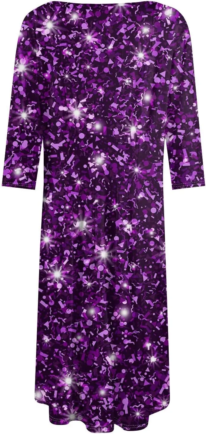 Women's 3/4 Sleeve Casual Dress A-line Crew Neck Printed Knee Length Flare Midi Long Dress