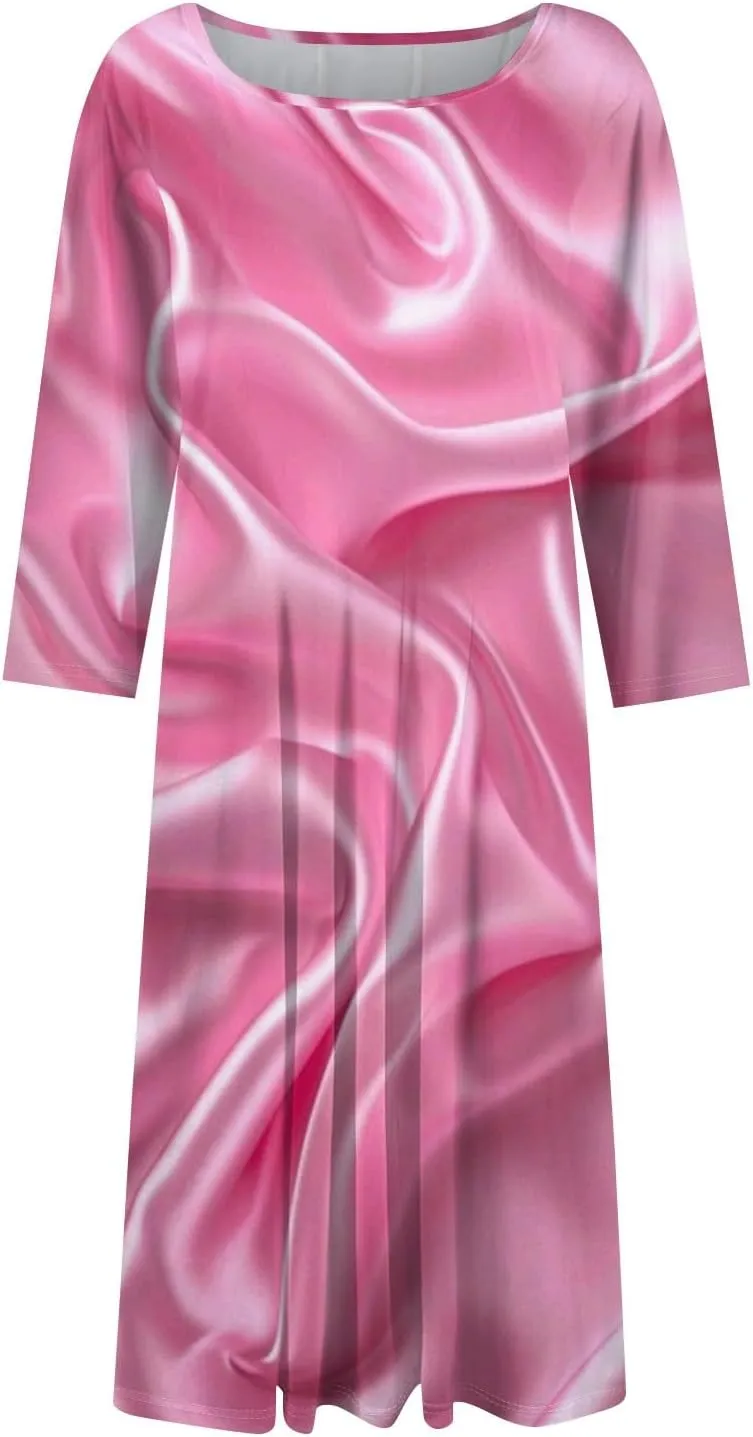 Women's 3/4 Sleeve Casual Dress A-line Crew Neck Printed Knee Length Flare Midi Long Dress