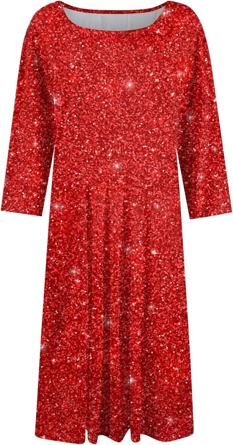 Women's 3/4 Sleeve Casual Dress A-line Crew Neck Printed Knee Length Flare Midi Long Dress