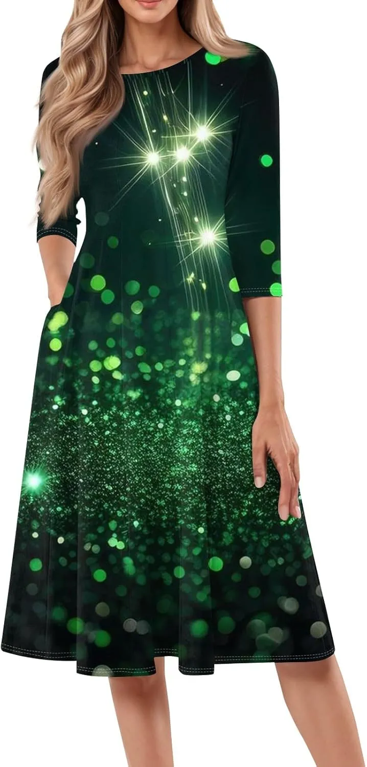 Women's 3/4 Sleeve Casual Dress A-line Crew Neck Printed Knee Length Flare Midi Long Dress