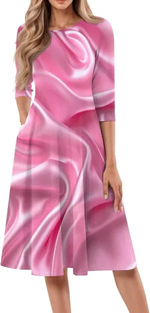 Women's 3/4 Sleeve Casual Dress A-line Crew Neck Printed Knee Length Flare Midi Long Dress