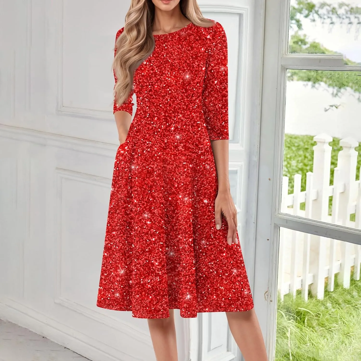 Women's 3/4 Sleeve Casual Dress A-line Crew Neck Printed Knee Length Flare Midi Long Dress