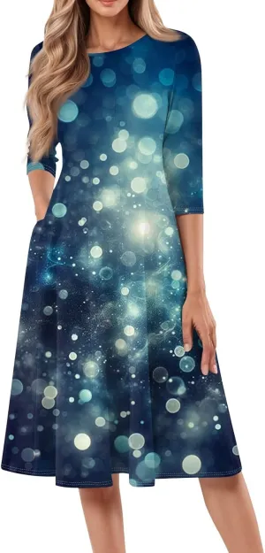 Women's 3/4 Sleeve Casual Dress A-line Crew Neck Printed Knee Length Flare Midi Long Dress