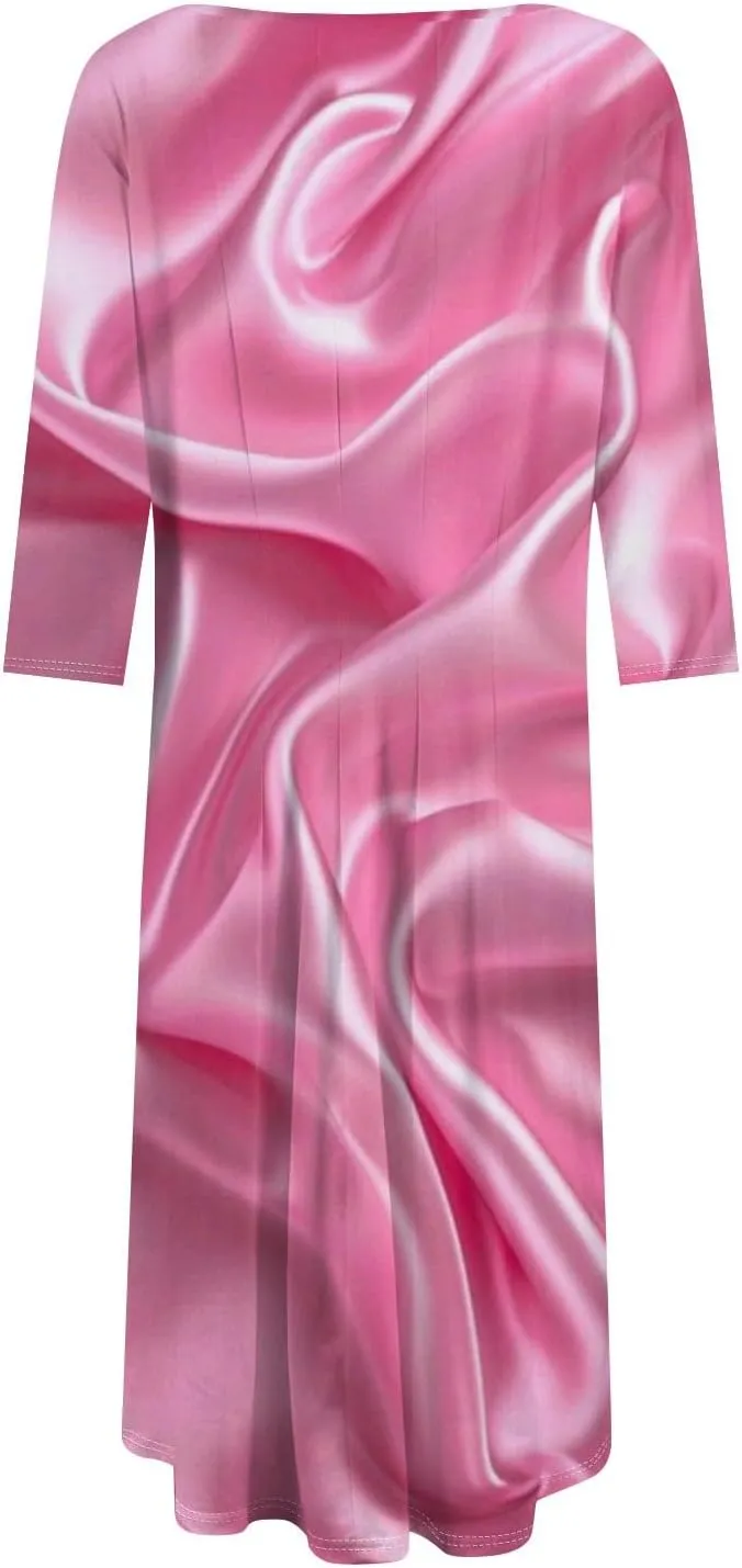 Women's 3/4 Sleeve Casual Dress A-line Crew Neck Printed Knee Length Flare Midi Long Dress