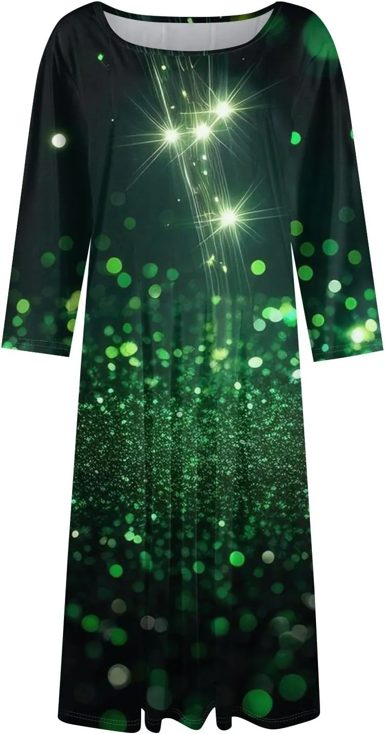 Women's 3/4 Sleeve Casual Dress A-line Crew Neck Printed Knee Length Flare Midi Long Dress