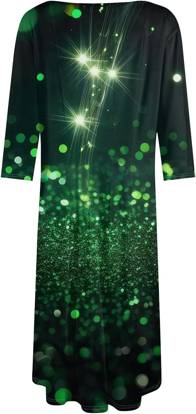 Women's 3/4 Sleeve Casual Dress A-line Crew Neck Printed Knee Length Flare Midi Long Dress