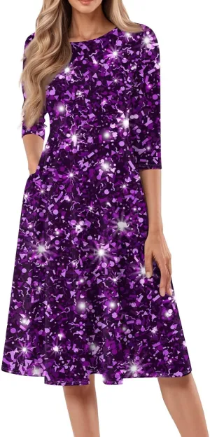 Women's 3/4 Sleeve Casual Dress A-line Crew Neck Printed Knee Length Flare Midi Long Dress