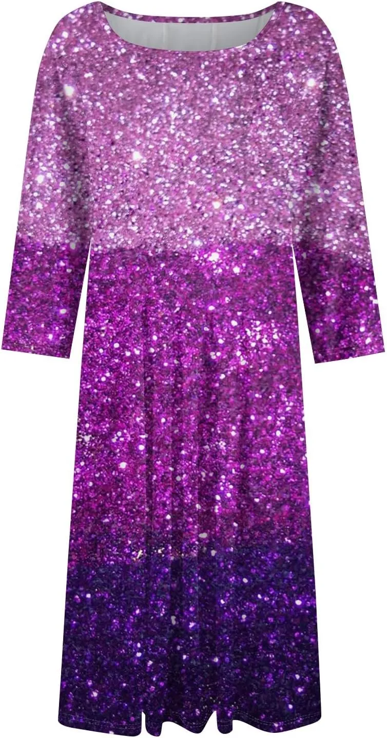 Women's 3/4 Sleeve Casual Dress A-line Crew Neck Printed Knee Length Flare Midi Long Dress