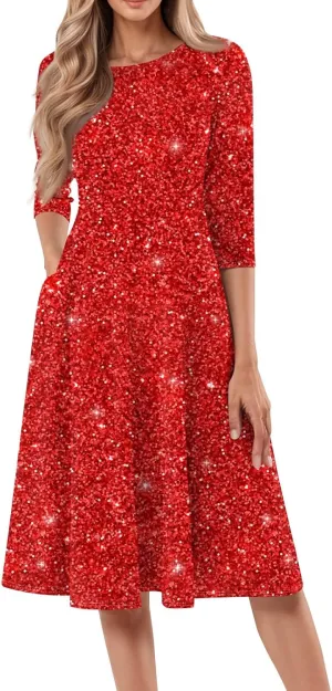 Women's 3/4 Sleeve Casual Dress A-line Crew Neck Printed Knee Length Flare Midi Long Dress
