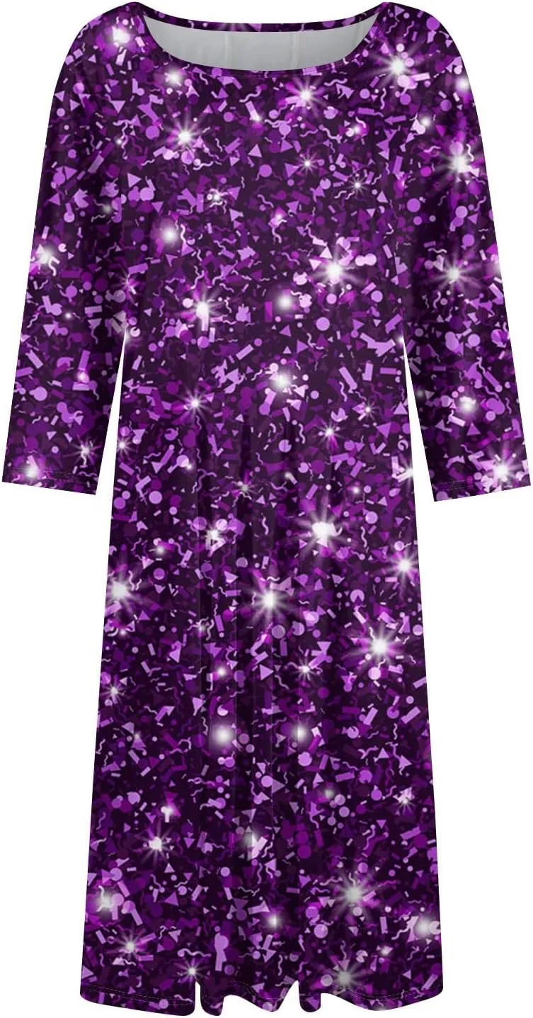 Women's 3/4 Sleeve Casual Dress A-line Crew Neck Printed Knee Length Flare Midi Long Dress