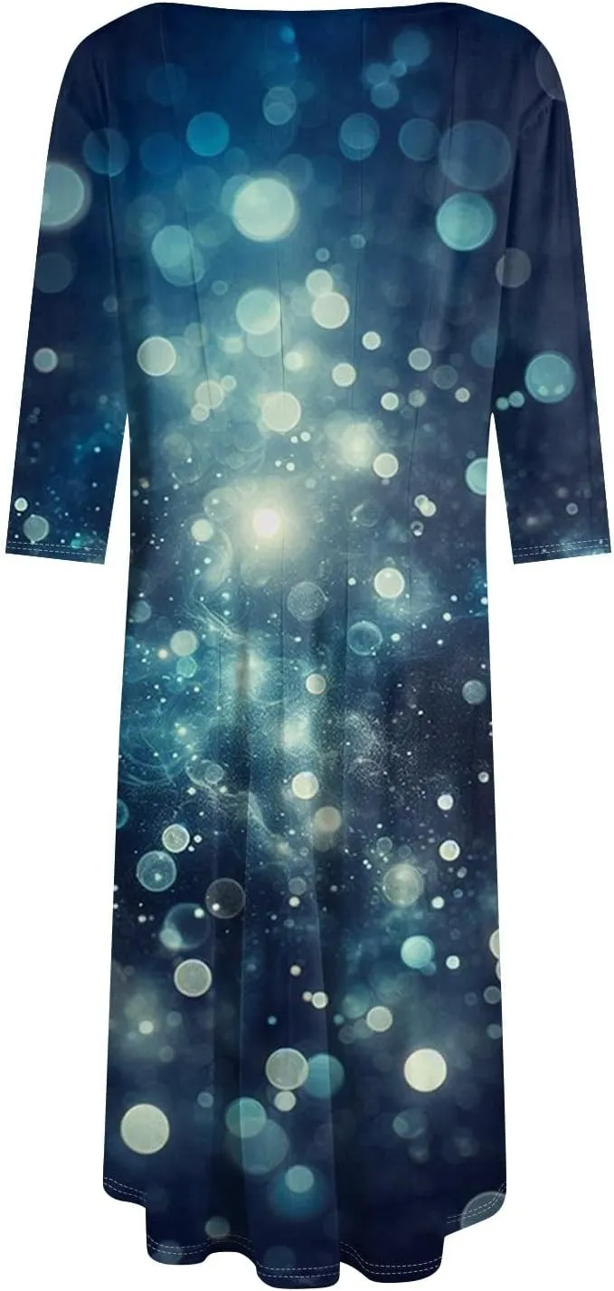 Women's 3/4 Sleeve Casual Dress A-line Crew Neck Printed Knee Length Flare Midi Long Dress