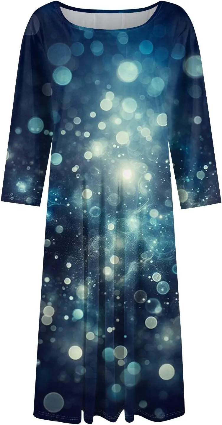 Women's 3/4 Sleeve Casual Dress A-line Crew Neck Printed Knee Length Flare Midi Long Dress