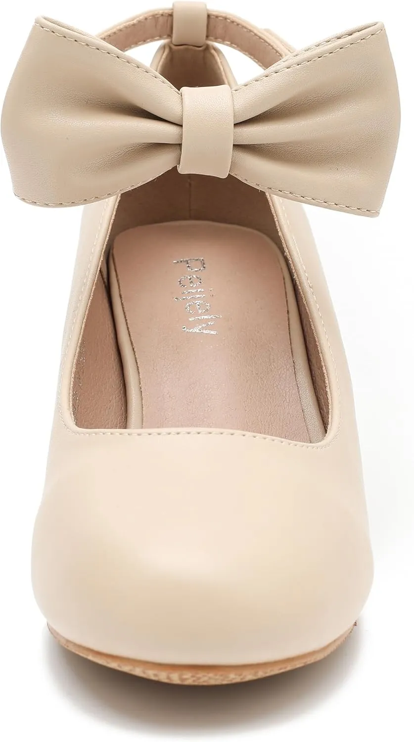 Women's Ankle Strap Heels Removable Bow Closed Toe Low Chunky Heels Pumps Mary Jane Dress Shoes