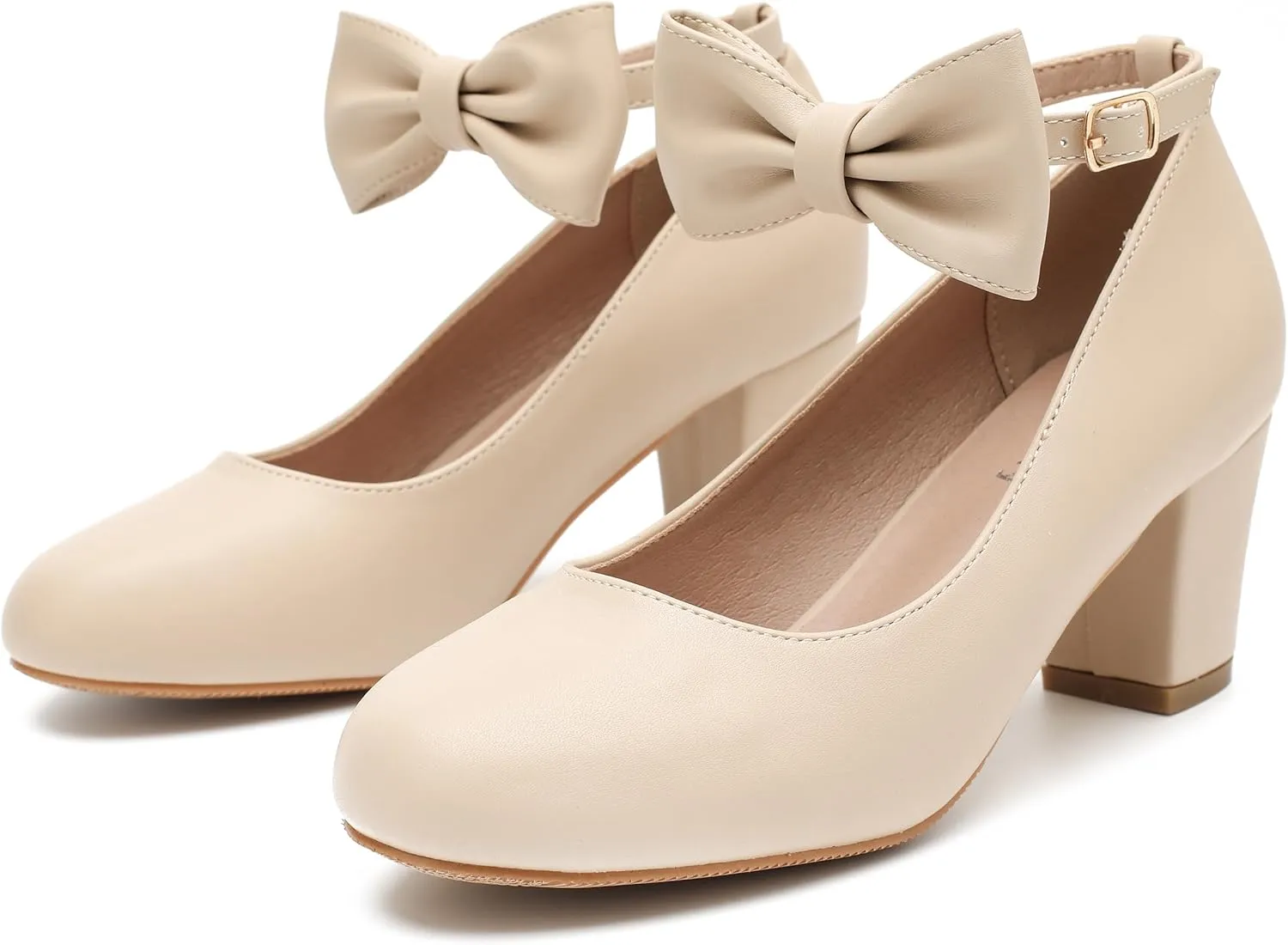 Women's Ankle Strap Heels Removable Bow Closed Toe Low Chunky Heels Pumps Mary Jane Dress Shoes