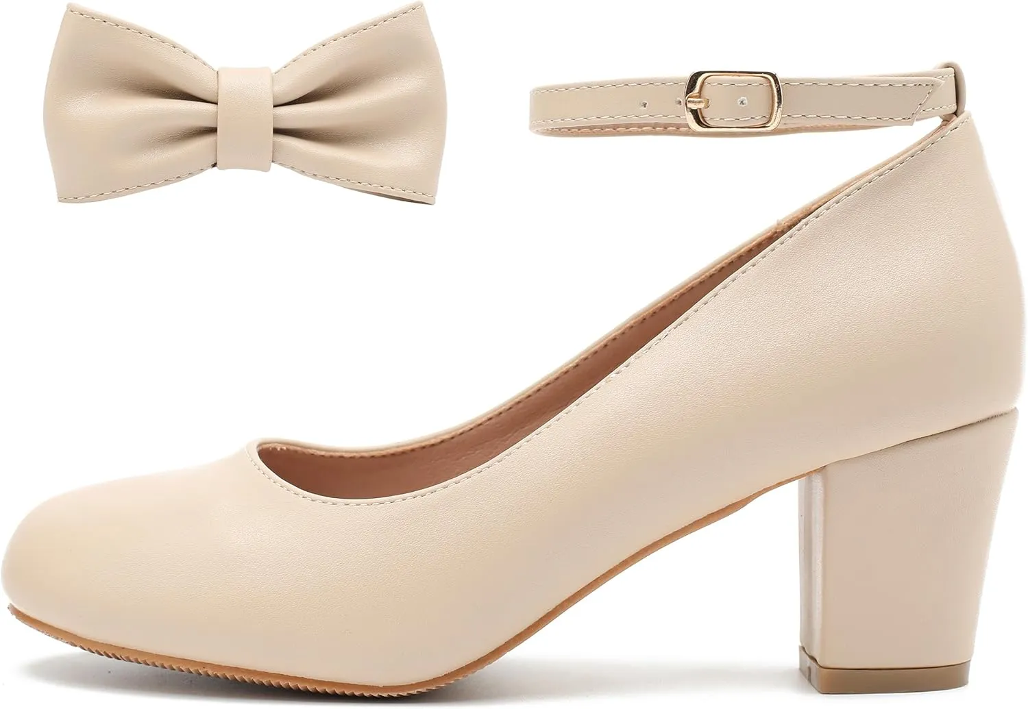 Women's Ankle Strap Heels Removable Bow Closed Toe Low Chunky Heels Pumps Mary Jane Dress Shoes