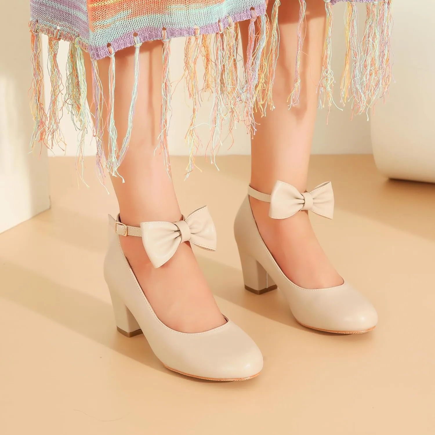 Women's Ankle Strap Heels Removable Bow Closed Toe Low Chunky Heels Pumps Mary Jane Dress Shoes