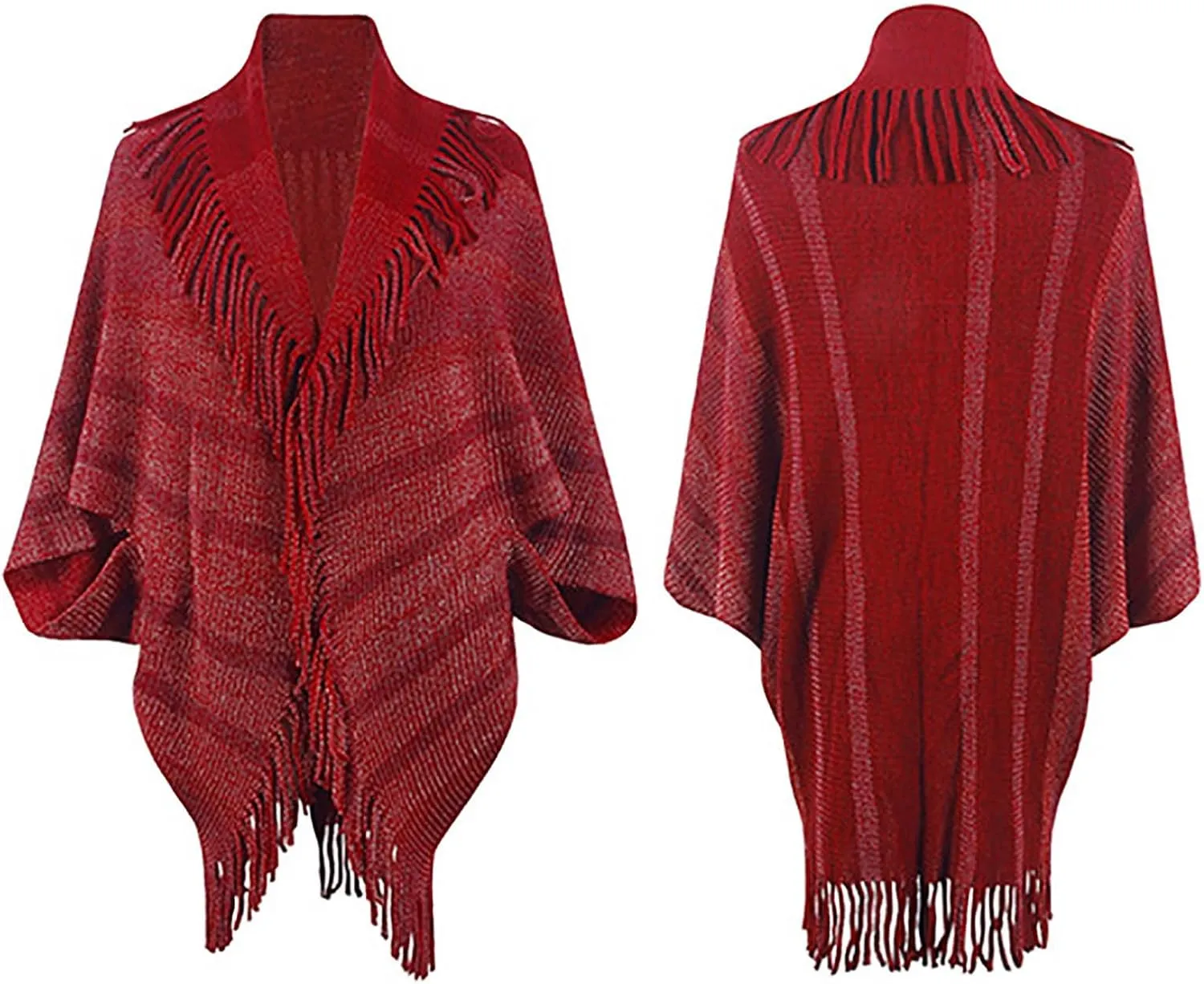 Womens Batwing Sleeve Poncho Cape, Fringe Trim Shawl Wrap Knit Open Front Cardigan Sweater Boho Cloak Fall Winter Coat
