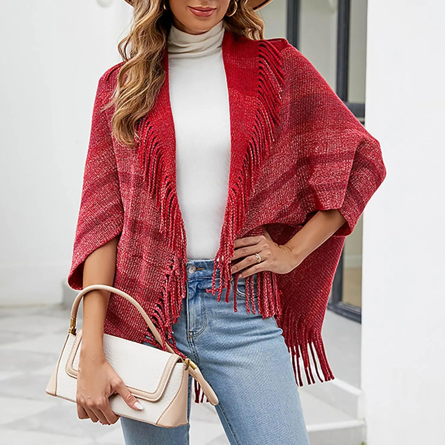 Womens Batwing Sleeve Poncho Cape, Fringe Trim Shawl Wrap Knit Open Front Cardigan Sweater Boho Cloak Fall Winter Coat