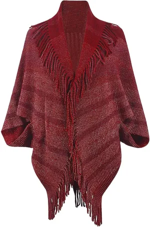 Womens Batwing Sleeve Poncho Cape, Fringe Trim Shawl Wrap Knit Open Front Cardigan Sweater Boho Cloak Fall Winter Coat