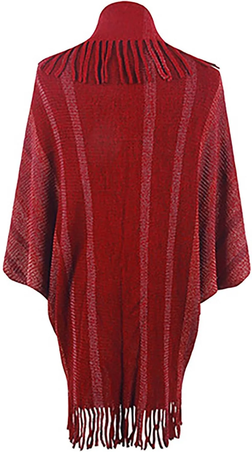 Womens Batwing Sleeve Poncho Cape, Fringe Trim Shawl Wrap Knit Open Front Cardigan Sweater Boho Cloak Fall Winter Coat