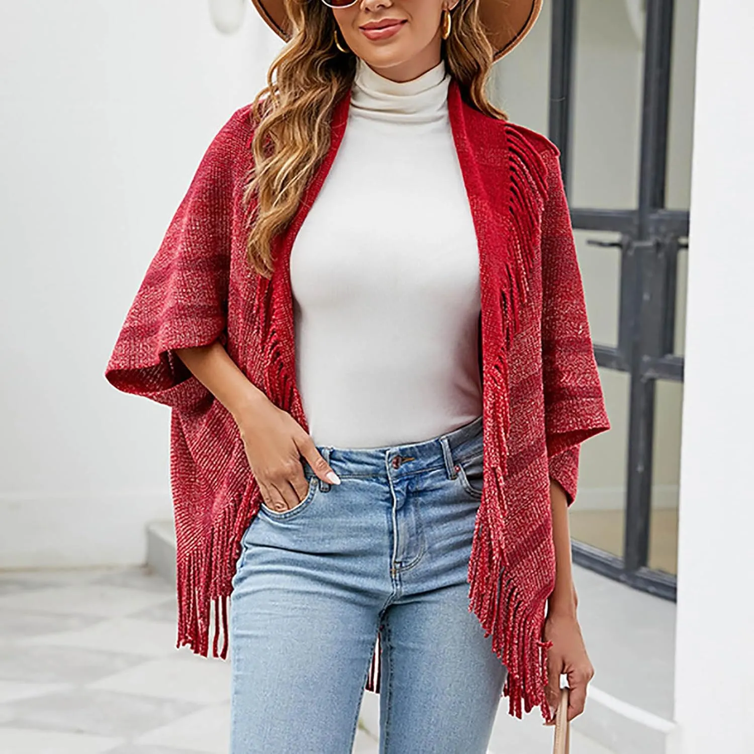 Womens Batwing Sleeve Poncho Cape, Fringe Trim Shawl Wrap Knit Open Front Cardigan Sweater Boho Cloak Fall Winter Coat