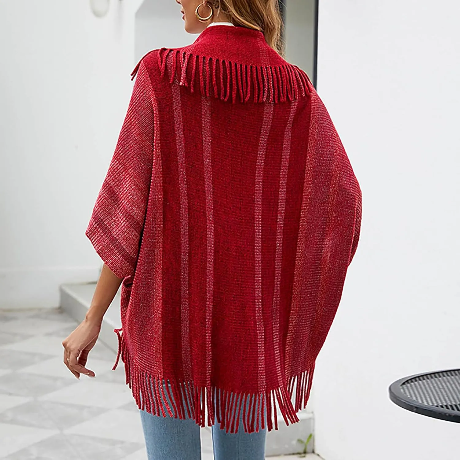 Womens Batwing Sleeve Poncho Cape, Fringe Trim Shawl Wrap Knit Open Front Cardigan Sweater Boho Cloak Fall Winter Coat