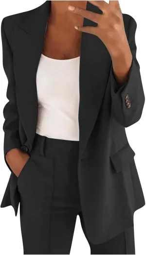 Women's Blazer Open Front Work Office Blazer Button Solid Color Pocket Jacket Blazer Lapel Long Sleeve Cardigans