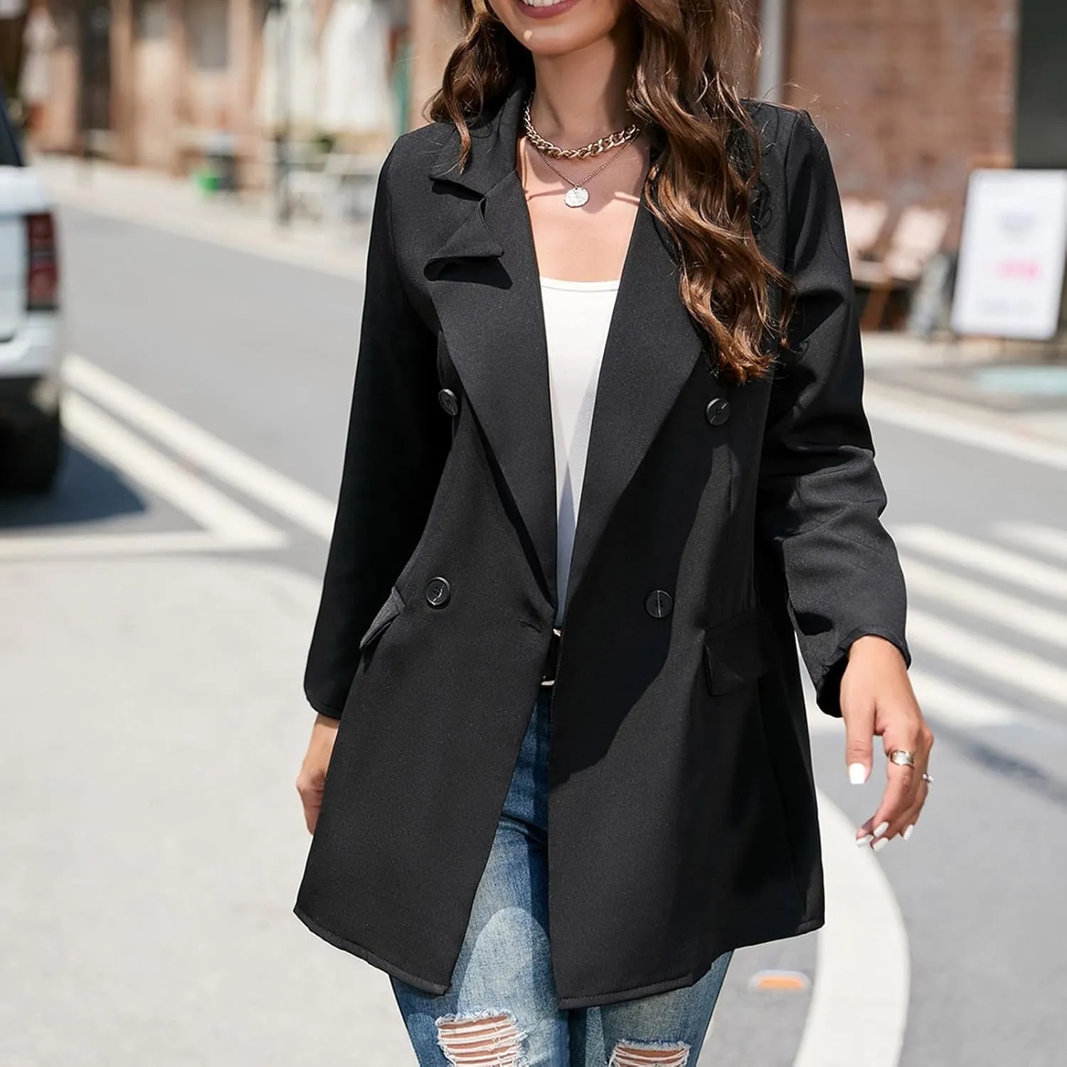 Womens Blazers Classic Lapel Long Sleeve Casual Elegant Trench Coat Work Office Dressy Suit Jacket Trendy Outerwear
