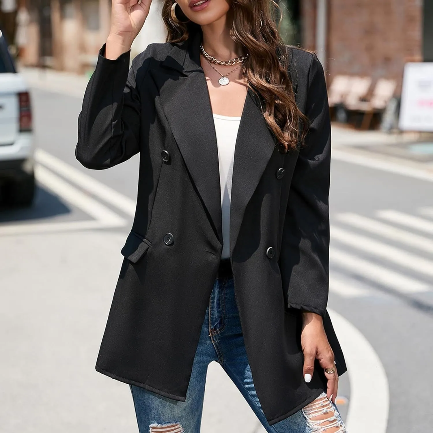 Womens Blazers Classic Lapel Long Sleeve Casual Elegant Trench Coat Work Office Dressy Suit Jacket Trendy Outerwear