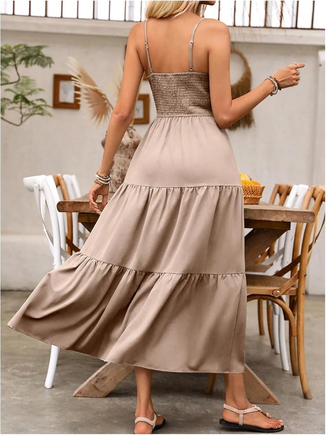 Women's Boho Cami Maxi Dress Vacation Ruffle Flowy Milkmaid Dress Summer Ruched Slit Sundress