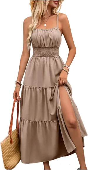 Women's Boho Cami Maxi Dress Vacation Ruffle Flowy Milkmaid Dress Summer Ruched Slit Sundress