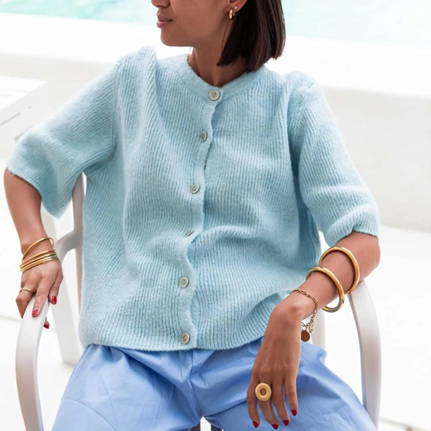 Womens Button Up Short Sleeve Cardigans Sweater Cropped Lightweight Round Neck Elegant Knit Tops with Pockets