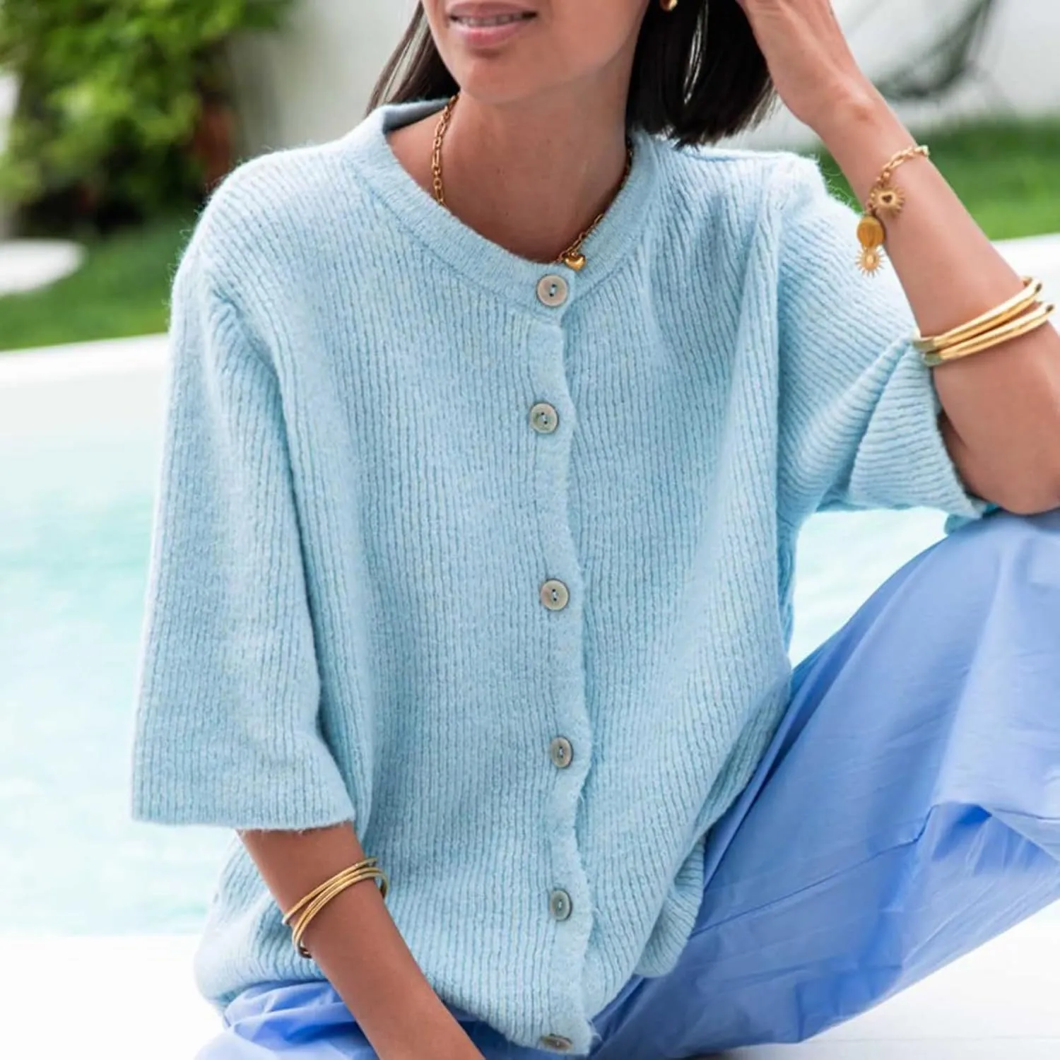 Womens Button Up Short Sleeve Cardigans Sweater Cropped Lightweight Round Neck Elegant Knit Tops with Pockets