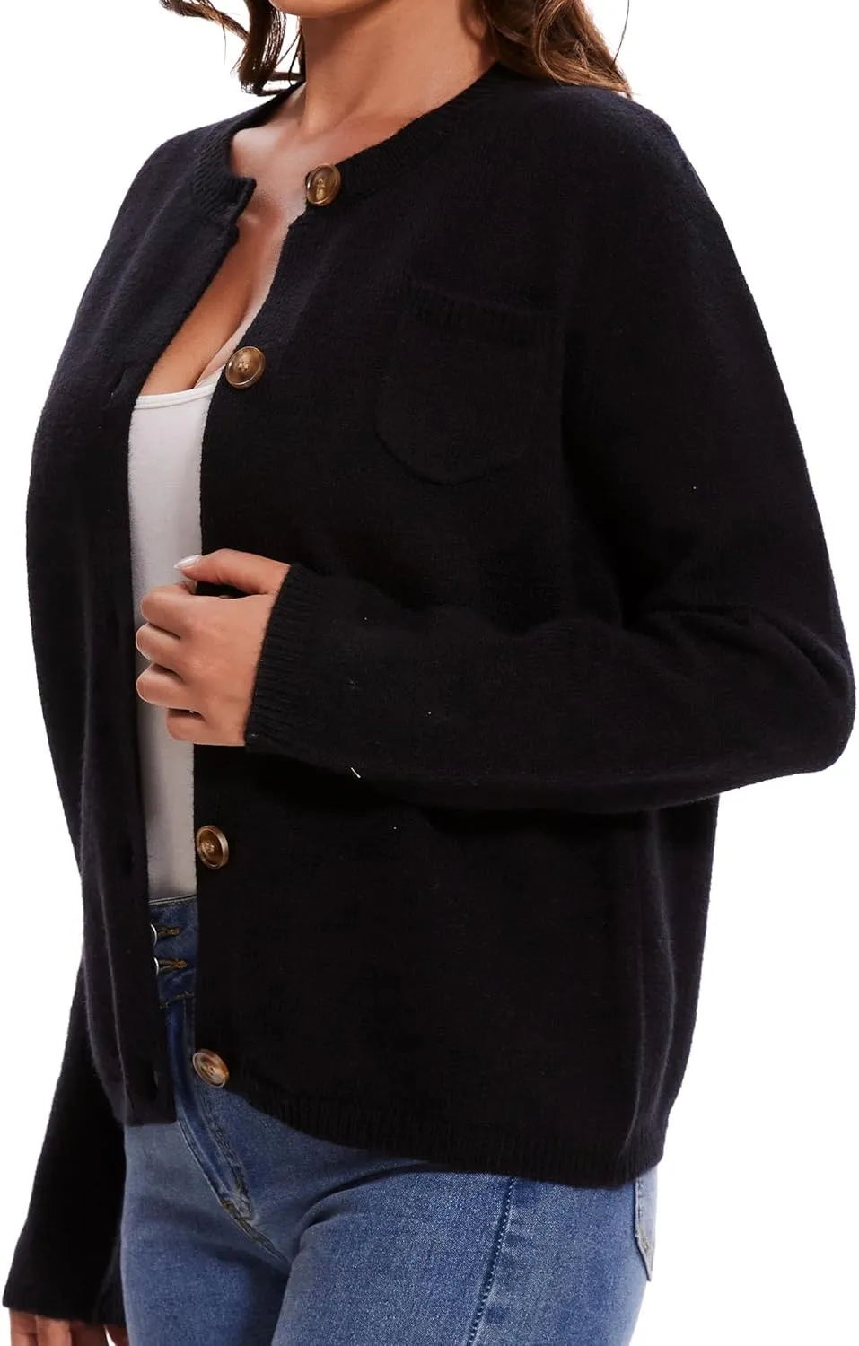 Women's Cardigan Sweaters Casual Long Sleeve Solid Color Button Down Crewneck Knit Cardigans with Pocket