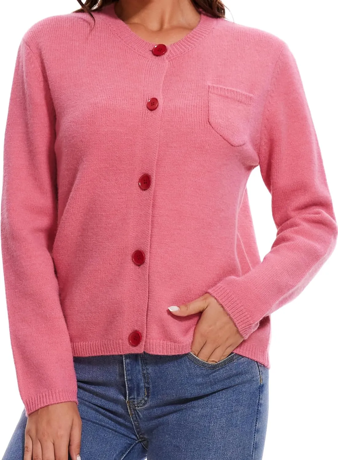 Women's Cardigan Sweaters Casual Long Sleeve Solid Color Button Down Crewneck Knit Cardigans with Pocket