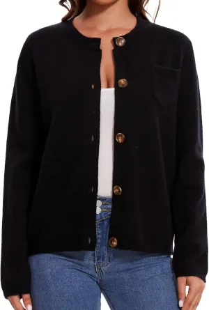 Women's Cardigan Sweaters Casual Long Sleeve Solid Color Button Down Crewneck Knit Cardigans with Pocket