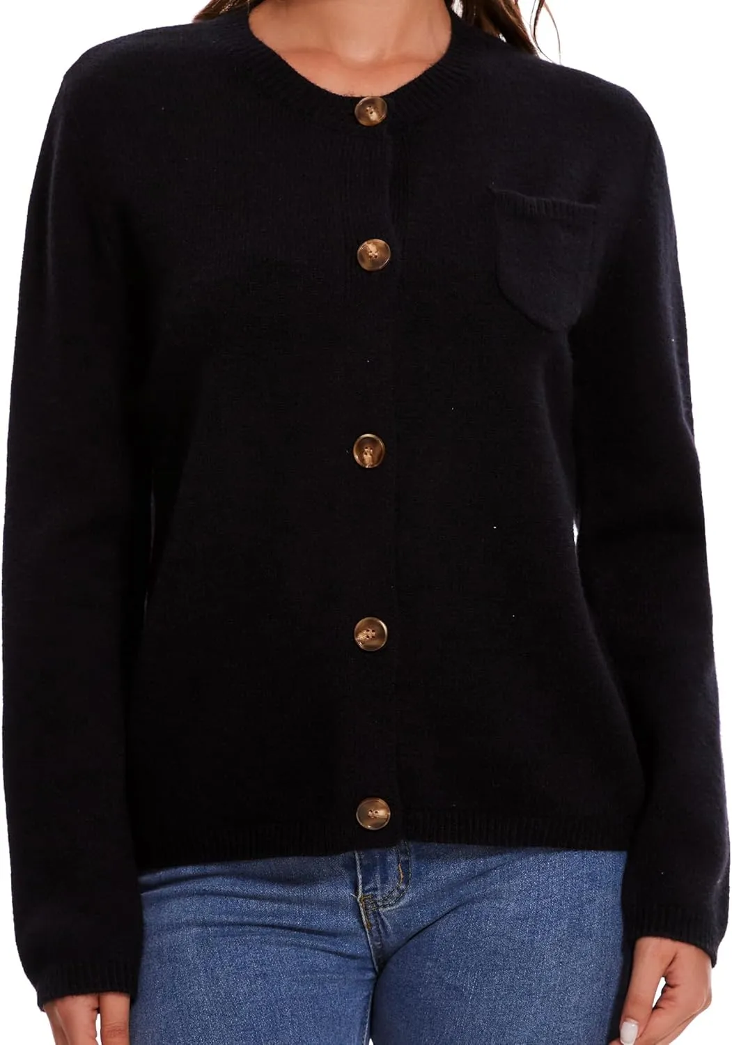 Women's Cardigan Sweaters Casual Long Sleeve Solid Color Button Down Crewneck Knit Cardigans with Pocket