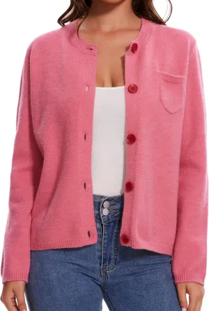 Women's Cardigan Sweaters Casual Long Sleeve Solid Color Button Down Crewneck Knit Cardigans with Pocket