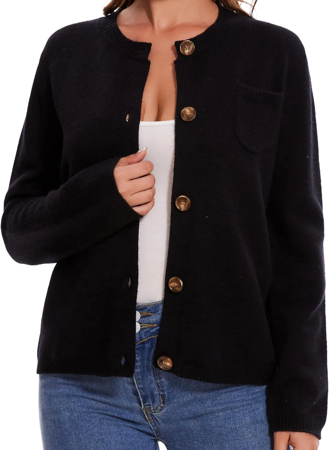 Women's Cardigan Sweaters Casual Long Sleeve Solid Color Button Down Crewneck Knit Cardigans with Pocket
