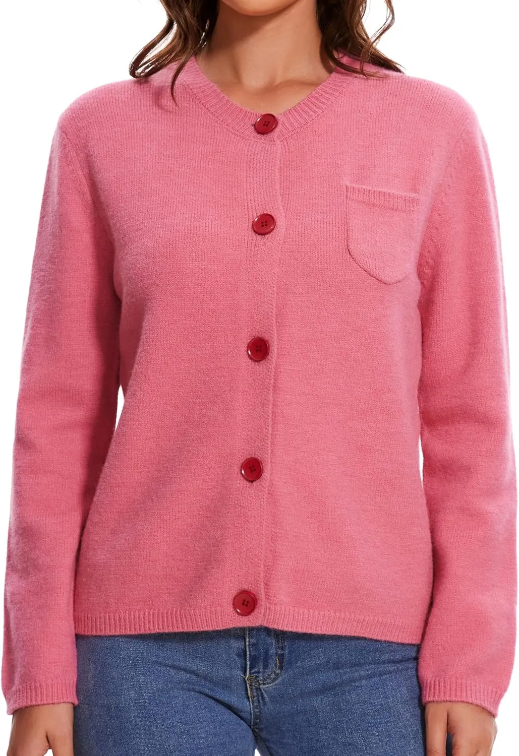 Women's Cardigan Sweaters Casual Long Sleeve Solid Color Button Down Crewneck Knit Cardigans with Pocket