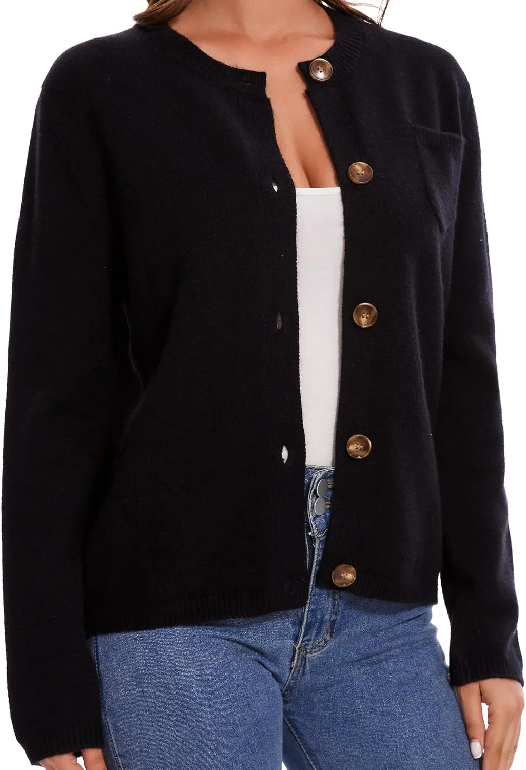 Women's Cardigan Sweaters Casual Long Sleeve Solid Color Button Down Crewneck Knit Cardigans with Pocket